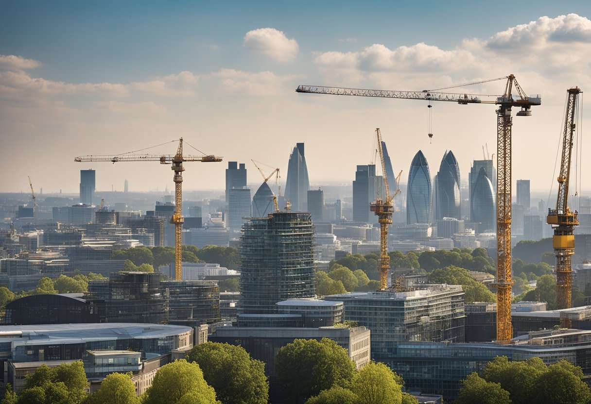 Construction cranes towering over the London skyline. Workers in hard hats and high-visibility vests. Busy construction sites with materials and machinery