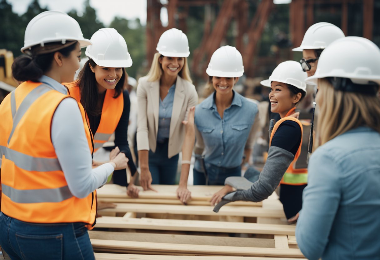 A group of women in hard hats and work boots engage in construction activities at an event, while others discuss and ask questions