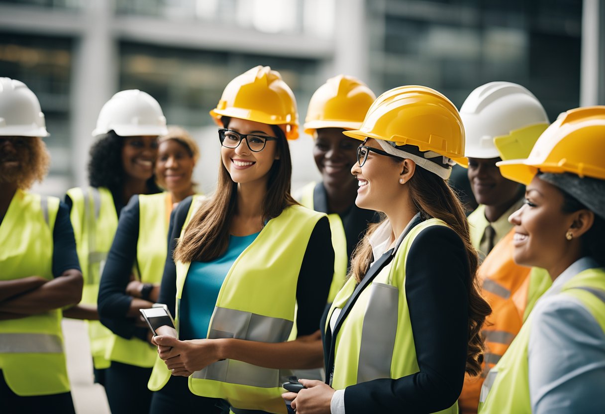 A group of women in construction networking and accessing professional resources at an industry support event