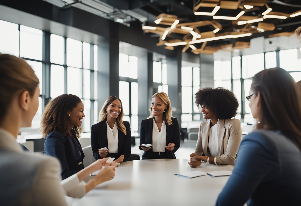 A group of women in construction networking and exchanging business cards at a conference, with keynote speakers presenting in the background