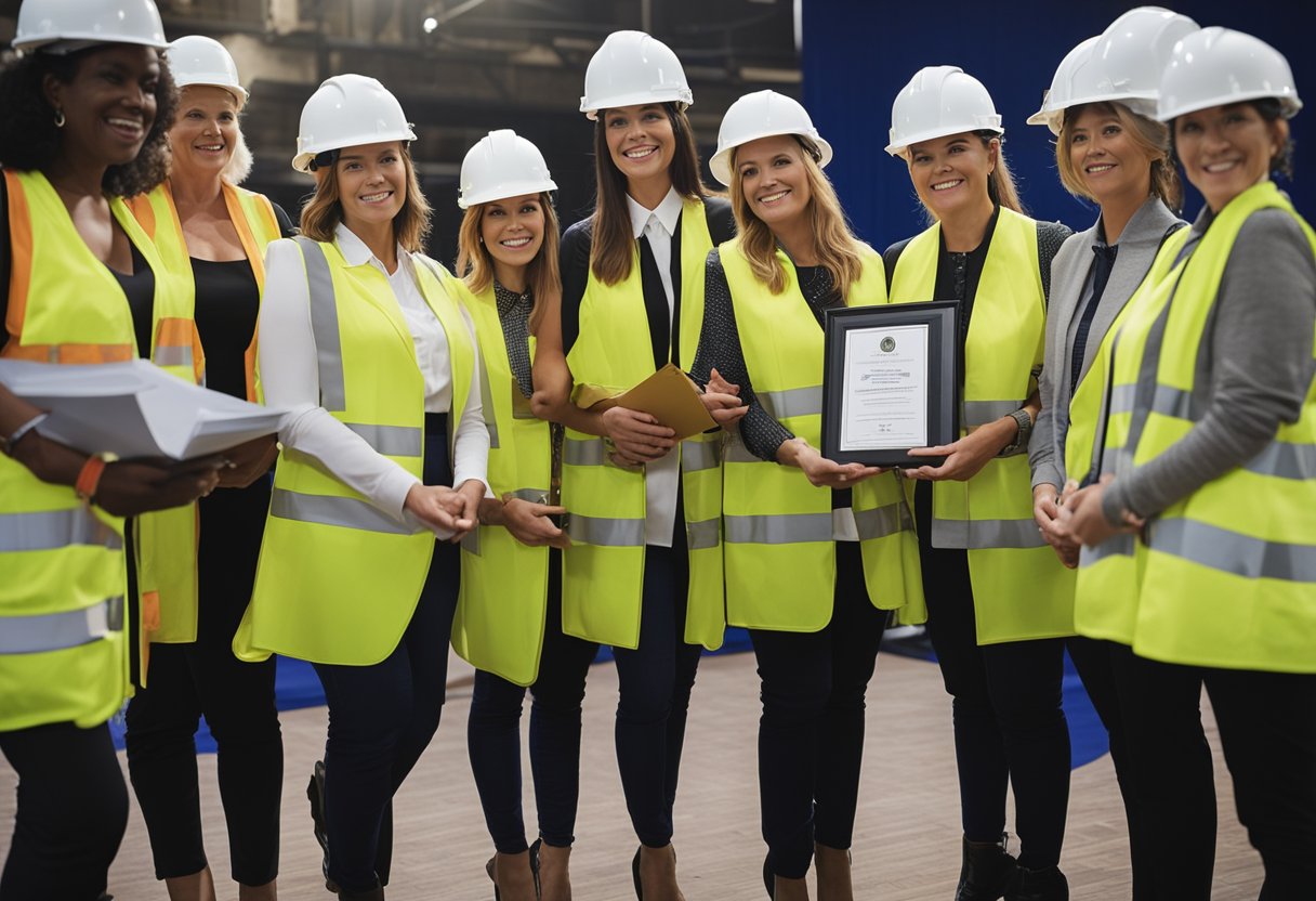 A group of women in hard hats and construction gear stand on a stage, receiving awards and recognition at a construction industry event