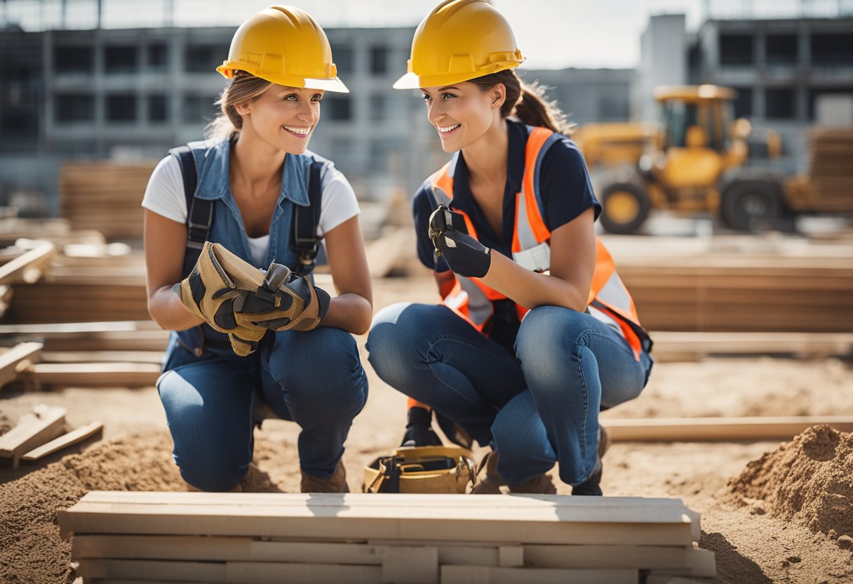 Women in hard hats and tool belts at construction sites, discussing career paths and industry contributions