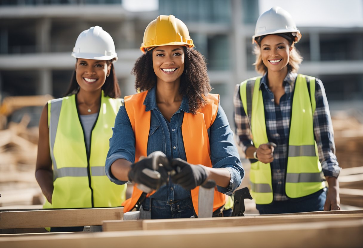 A diverse group of women working on construction sites, wearing hard hats and using various tools and equipment