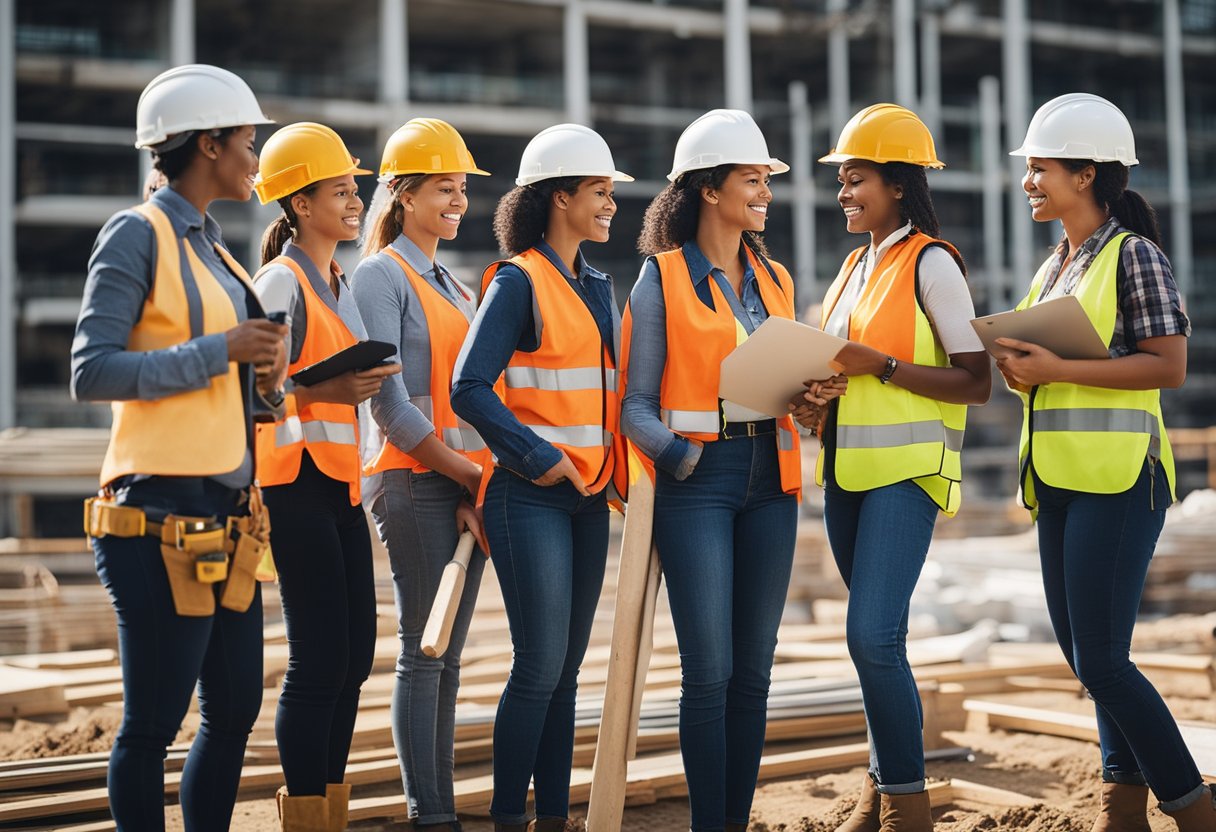 A diverse group of women working together on a construction site, wearing hard hats and tool belts, while promoting gender equality and inclusivity