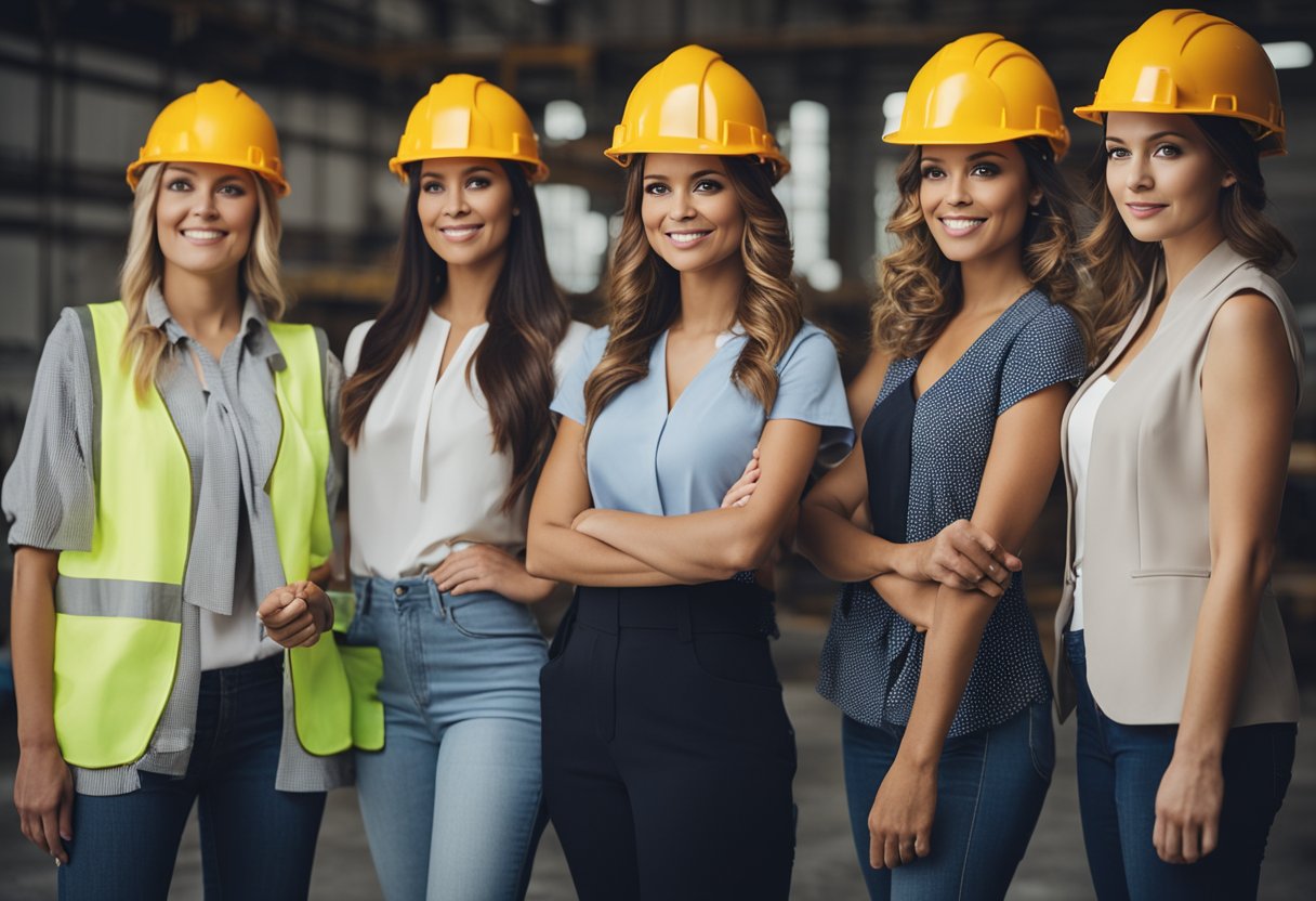 A group of women in construction, standing together in unity, surrounded by tools and blueprints, symbolizing empowerment and support