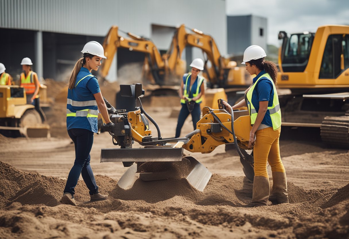 A group of women working on a construction site, operating heavy machinery and building structures