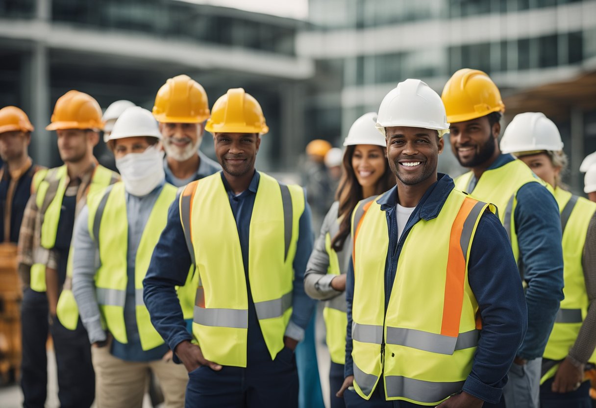 A diverse group of skilled workers in construction gear at an event. Multiple ethnicities and genders represented. Tools and safety equipment visible