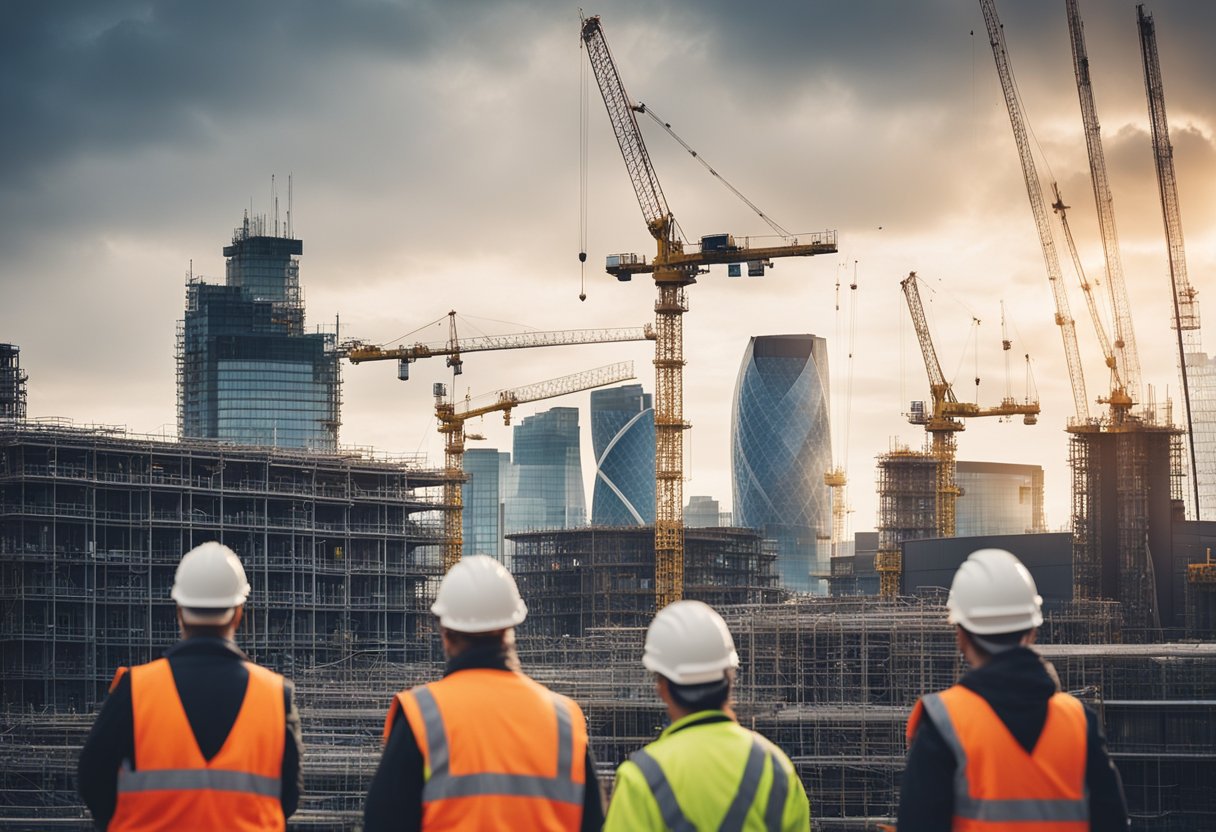 A bustling London construction site with cranes, scaffolding, and workers in hard hats. Skyline in the background