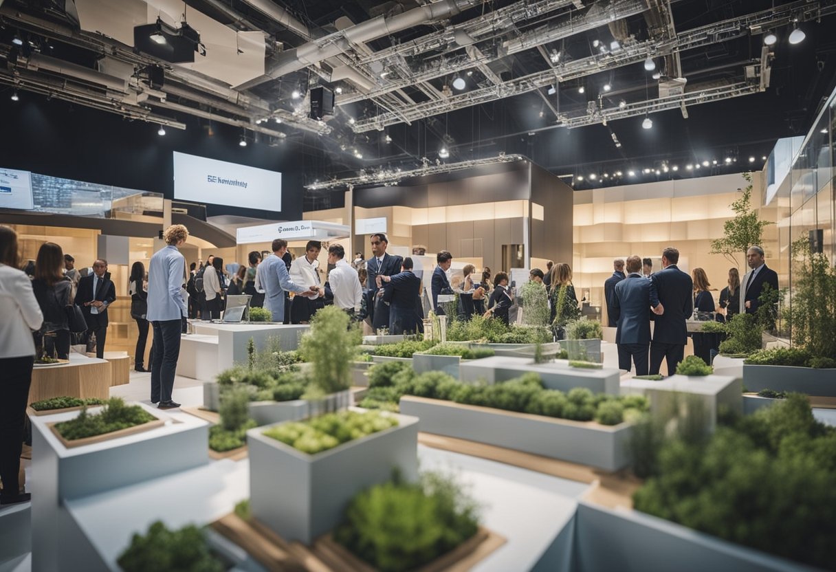 A bustling digital construction event showcases sustainability in the built environment. Models, blueprints, and technology are on display