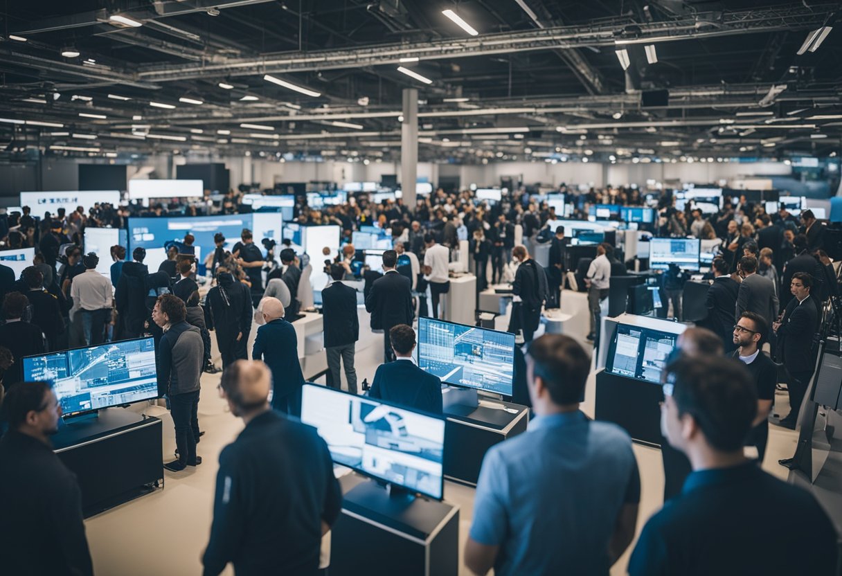 A bustling digital construction event, showcasing cutting-edge technology and innovation. Demonstrations of virtual reality, drones, and 3D printing draw in a crowd of industry professionals