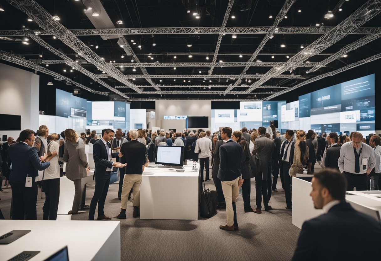 A bustling digital construction event with networking, presentations, and industry booths. Attendees engage in discussions and exchange business cards