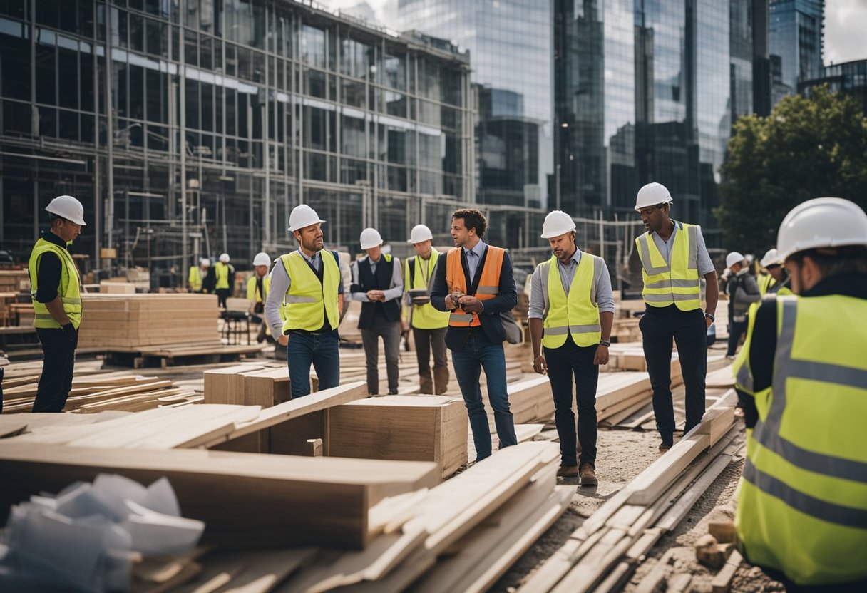 A bustling London construction event with vendors showcasing products to eager procurement professionals