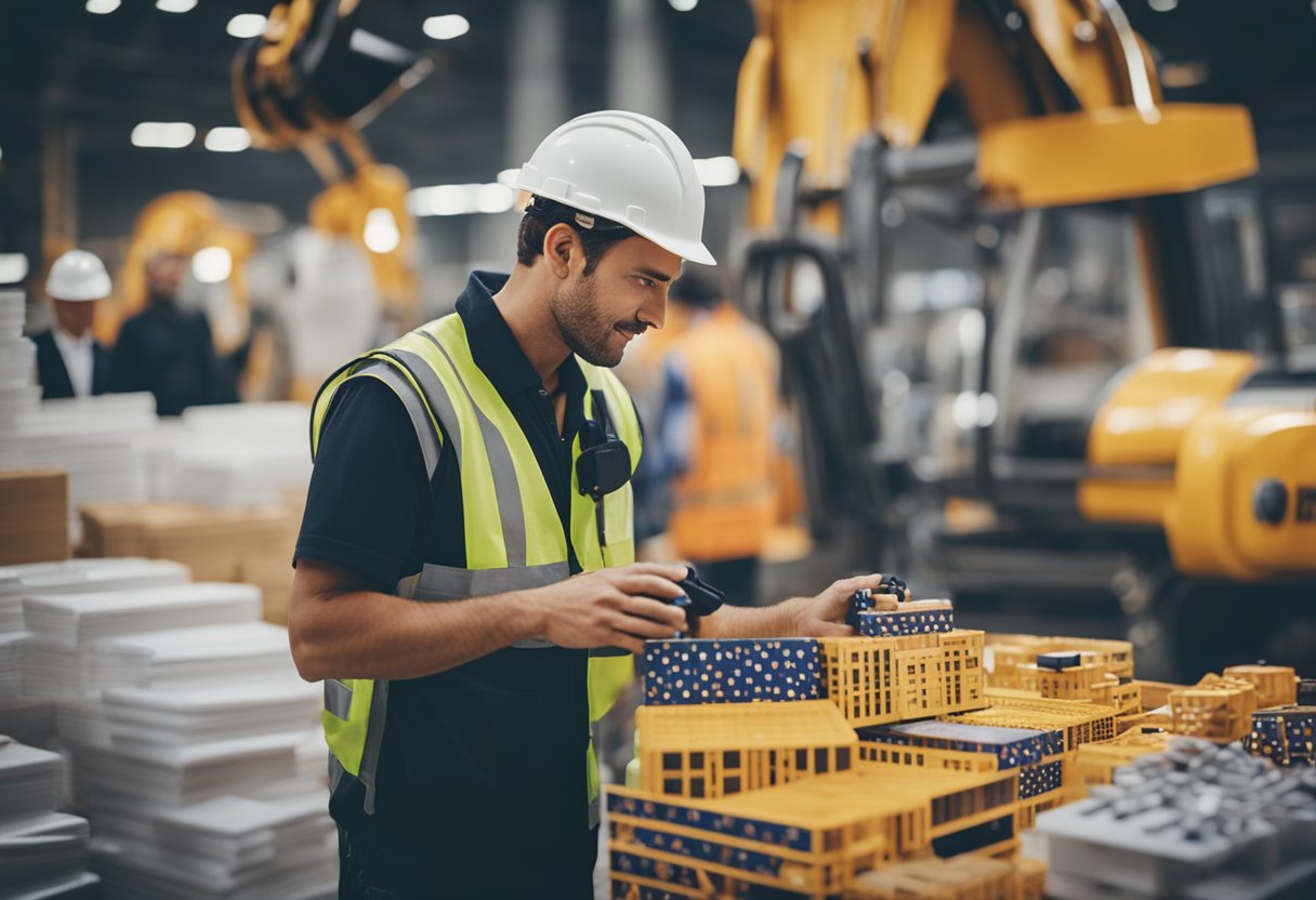 A construction worker choosing branded gifts from a display at a construction event