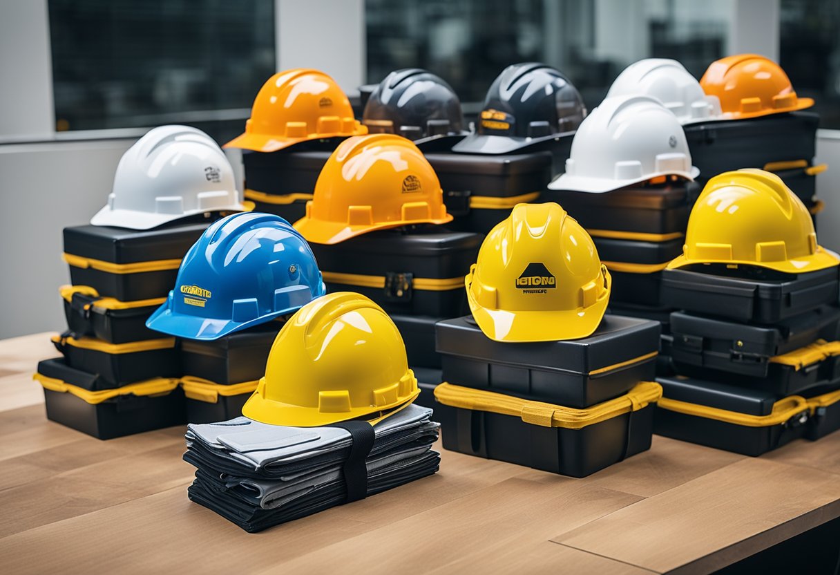 Branded hard hats, tool belts, and safety vests displayed on a table at a construction event. Gift bags with company logos are stacked nearby