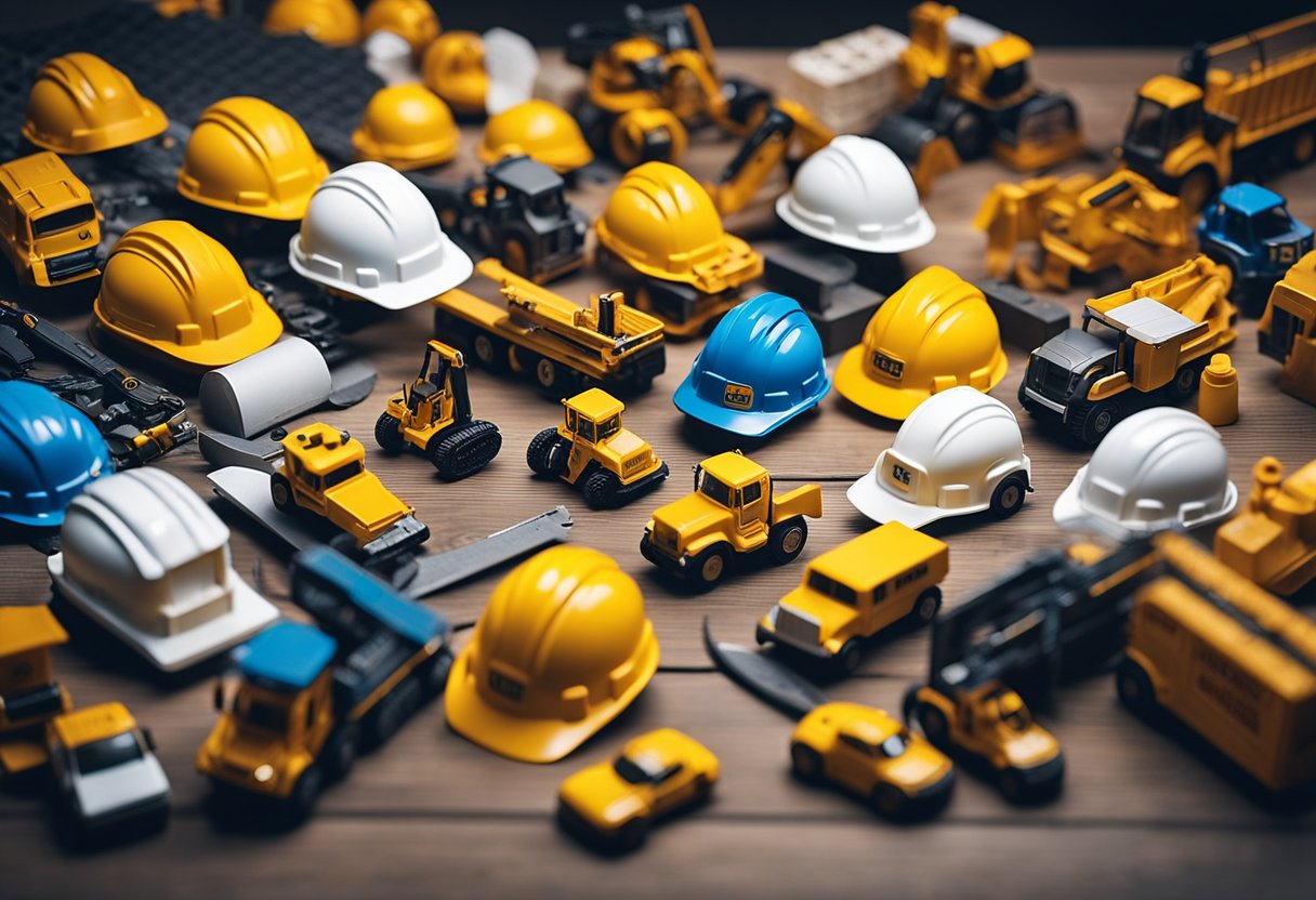 Construction-themed gifts arranged on a table with branded logos. Hard hats, tool belts, and miniature construction vehicles are displayed