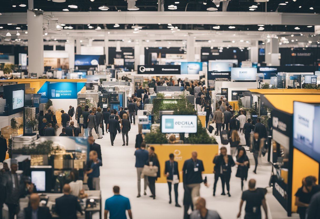 A bustling trade show floor with construction-themed branded gifts on display at various booths, catching the attention of attendees and maximizing brand exposure