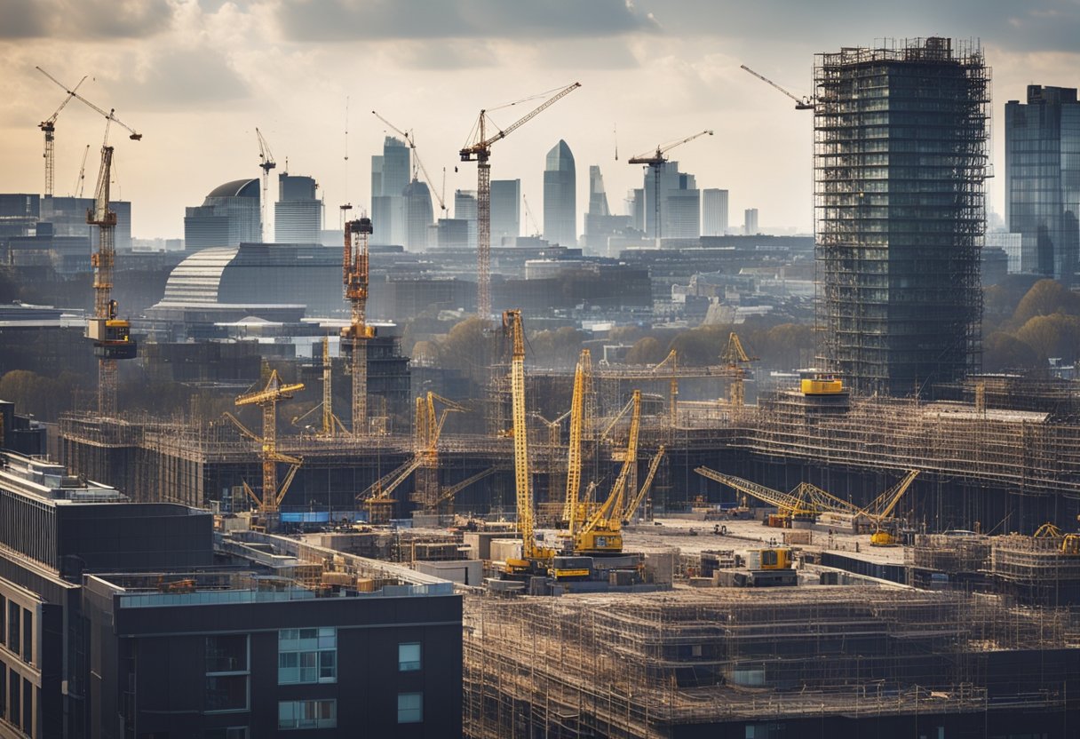 Busy London construction site with cranes, scaffolding, and workers. City skyline in the background