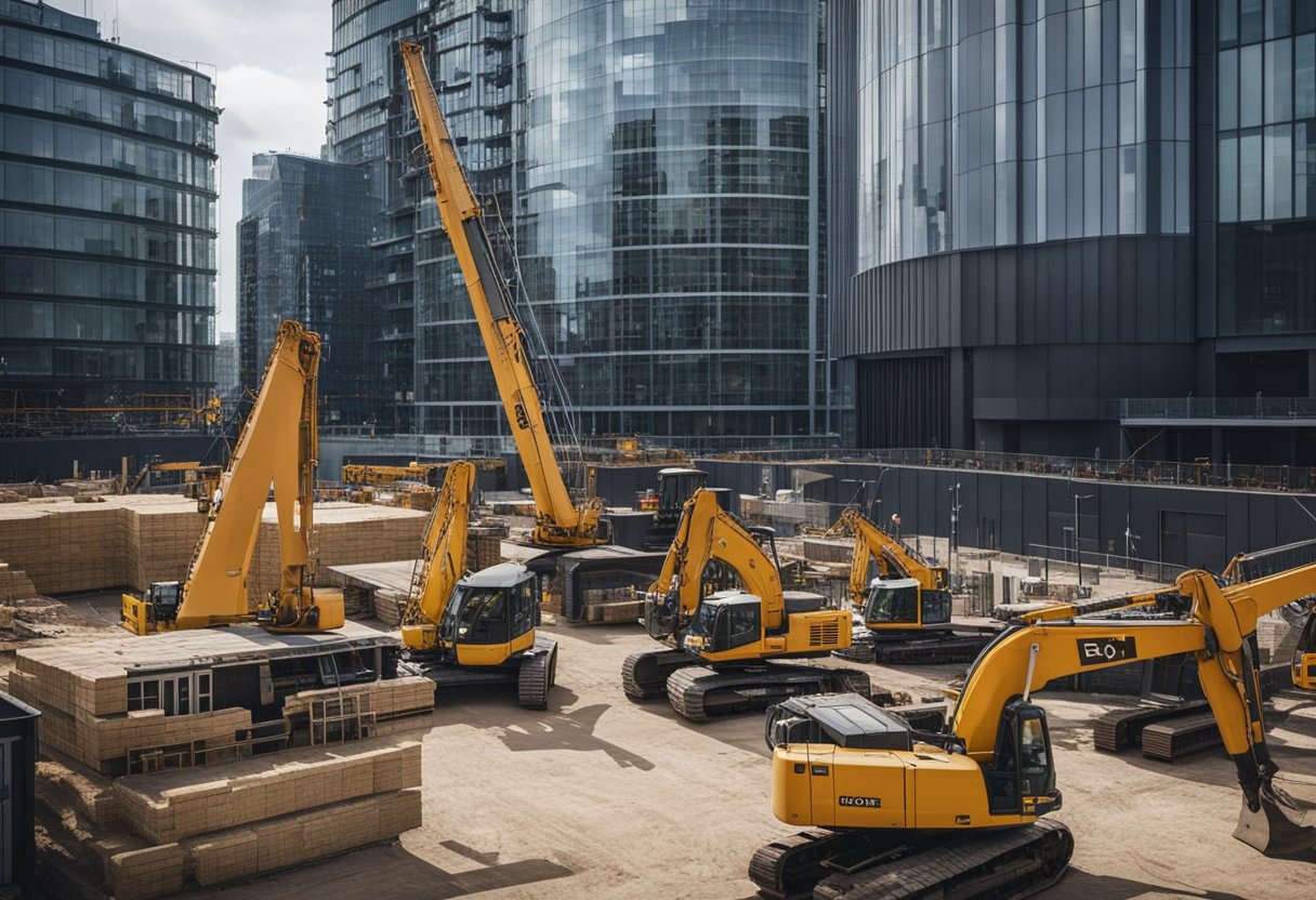 London construction events feature towering cranes, bustling workers, and heavy machinery. The skyline is dotted with new structures rising from the ground