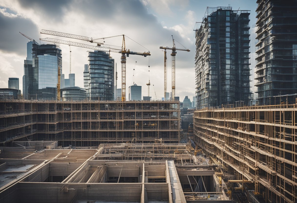 A bustling London construction site with cranes, scaffolding, and workers in hard hats. The city skyline looms in the background, showcasing the ongoing development and growth of the urban landscape