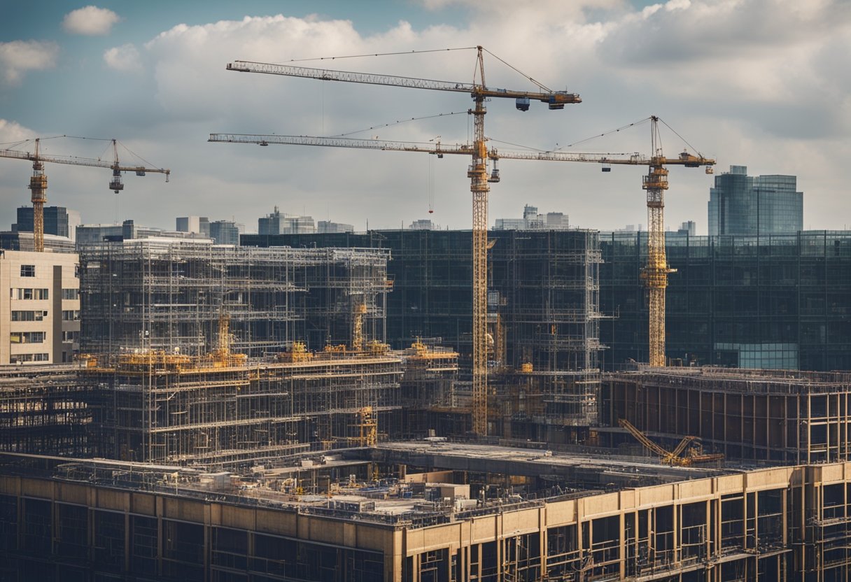 Construction site in London with cranes, scaffolding, and workers. Signs with "Frequently Asked Questions" about events in the area