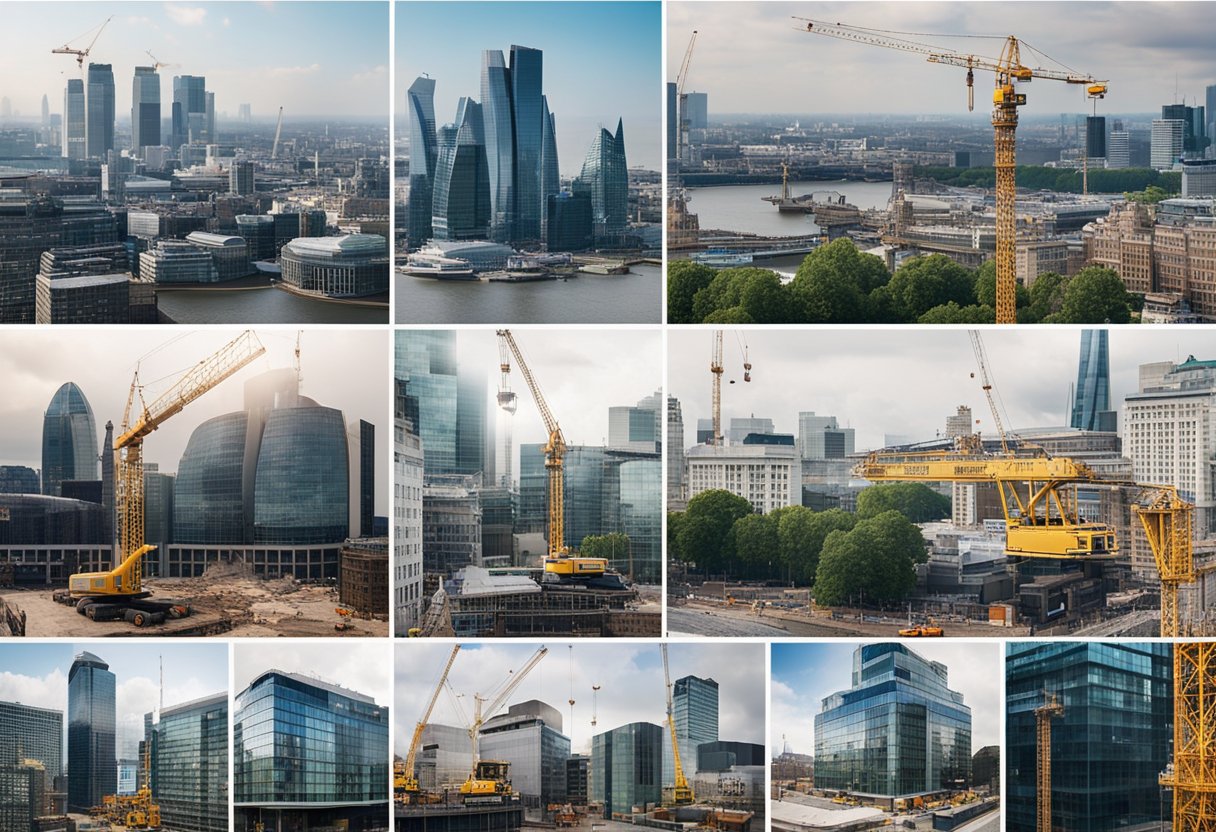 The bustling London construction event showcases cranes, heavy machinery, and workers in hard hats. The skyline is dotted with towering buildings in various stages of completion